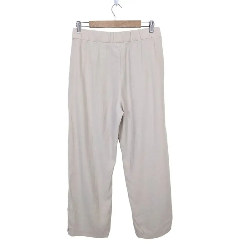 H&M Wide Leg Linen Blend Pants Sz L Beige Tan Side Slit Coastal Office Business